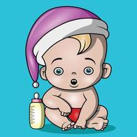 süßes baby in weihnachtsmütze und milchflasche vektor