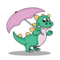 tecknad söt dinosaurie håller paraply vektor