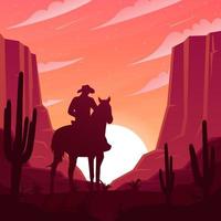 vilda västern cowboy i öknen med solnedgång bakgrund vektor
