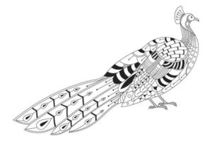 süßer Pfau. Gekritzelart, schwarzer und weißer Hintergrund. lustiger vogel, malbuchseiten. handgezeichnete illustration im zentangle-stil für kinder und erwachsene, tätowierung. vektor
