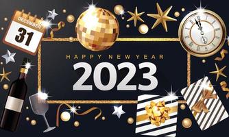 Bakgrund för glad nyårsafton 2023, lämplig för lyxiga festinbjudningar. layout med lyxiga nummer, klocka, gyllene glitter och konfetti. vektor