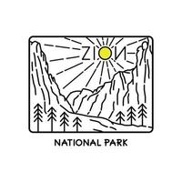 landskap av zion nationalpark i mono line art, patch badge design, emblem design, t-shirt design vektor