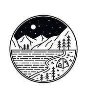 ein Camping-Design am See wilde Linie Abzeichen Patch Pin grafische Illustration Vektorkunst T-Shirt-Design