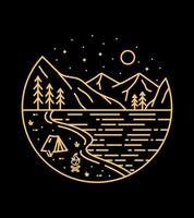 camping vid sjön på natten vild linje badge patch pin grafisk illustration vektor konst t-shirt design