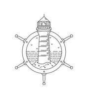 Leuchtturm und Strand am Strand Schiffslenkradrahmen in Mono-Strichzeichnungen in Mono-Strichzeichnungen, Vektorgrafiken T-Shirt-Design vektor