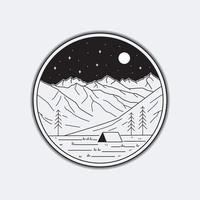 Berge und Camping in Monoline-Kunst, Patch-Abzeichen-Design, Emblem-Design, T-Shirt-Design vektor
