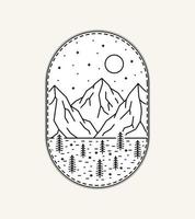 die Berge und die Savanne in der Nacht in Mono-Line-Kunst, Abzeichen-Patch-Pin-Grafikillustration, Vektorkunst-T-Shirt-Design vektor