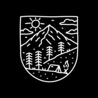 mono line art design av camping naturäventyr på dagen vild linje badge patch pin grafisk illustration vektor konst t-shirt design