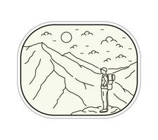 bergslandskapsdesign och en klättrare i mono line art, patch badge design, emblem design, t-shirt design vektor