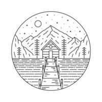 stuga på naturberget med trädocka i mono line art, patch-emblemdesign, emblemdesign, t-shirtdesign vektor