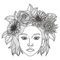 Vektor Mädchen dekorative Frisur mit Blumen, Blätter im Haar im Doodle-Stil. natur, kunstvolle, florale illustration. einfarbiger Schwarzweiss-Hintergrund. Zentangle handgezeichnete Malbuchseite