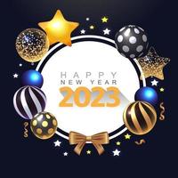2023 nyår realistiska blanka och genomskinliga ballonger med konfetti. semester, rea och festdekoration. födelsedag. bröllop, hälsningar, gratulationer, årsdag, vinst och så vidare. vektor