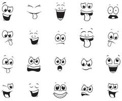 Cartoon-Gesichter. ausdrucksstarke Augen und Mund, lächelnde, weinende und überraschte Gesichtsausdrücke. Karikatur, Comic-Emotionen oder Emoticon-Doodle. isolierte vektorillustrationsikonen eingestellt vektor