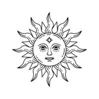 himmlische Illustration der Sonne mit Gesicht und geöffneten Augen, stilisierte Zeichnung, Tarotkarte. vektor