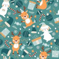 nahtloses muster von niedlichen weihnachtsrentieren und -kaninchen mit geschenken, die in santa-handschuhen und -hüten eislaufen. Tiere des neuen Jahres. Vektorgrafiken.