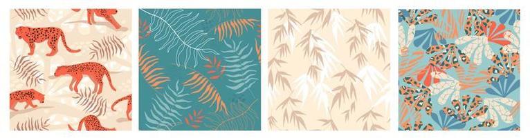 Eine Reihe nahtloser Muster mit tropischem, exotischem Tierdruck im Sommer. Palmblätter, Leopardenflecken. Vektorgrafiken. vektor