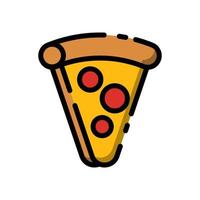 süße pizzascheibe mit roter peperoni flacher designkarikatur für hemd, plakat, geschenkkarte, abdeckung, logo, aufkleber und ikone. vektor