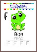 Alphabetbuchstabe f für Froschseite. süßer Frosch vektor