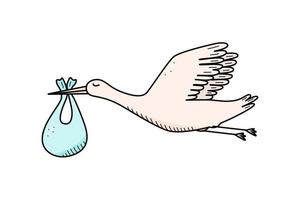 storch und neugeborenes cartoon-doodle. vektorillustration des konzepts der geburt oder des erscheinens eines babys. vektor