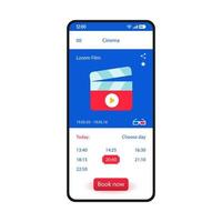 Buchung von Tickets Smartphone-Schnittstellenvektorvorlage. blaues designlayout der mobilen app-seite. Ticket-Bildschirm für Kinobuchungen. flache Benutzeroberfläche für Kinoanwendungen. Filmkarten online kaufen. Telefonanzeige vektor