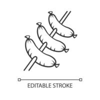 Würstchen Grillen am Spieß lineares Symbol. Metzgerei, Fleisch. ungesunde Ernährung, Fast Food. Fleisch kochen. dünne Liniendarstellung. Kontursymbol. Vektor isoliert Umrisszeichnung. editierbarer Strich
