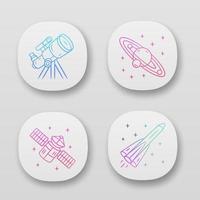 astronomi app ikoner set. utforskning av rymden. teleskop, solsystem, konstgjord satellit, raket. astrofysik. ui ux användargränssnitt. webb- eller mobilapplikationer. vektor isolerade illustrationer