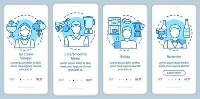 kafé, snabbmatsindustrin deltidsjobb blå onboarding mobilapp sidskärm med linjära koncept. grafiska instruktioner för barista genomgångssteg. ux, ui, gui vektormall med illustrationer vektor