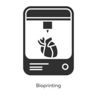 Bioprinting-Glyphen-Symbole gesetzt. künstliches Herz 3D-Druck. lebende Organe produzieren. medizinische Technologien. Biotechnik. Silhouettensymbole. vektor isolierte illustration