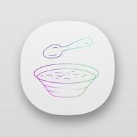 Suppen-App-Symbol. Schüssel und Löffel, Geschirr. heißer, dampfender Suppenteller. erste Mahlzeit. gesunde Ernährung. nahrhafte Mahlzeit. ui ux-benutzeroberfläche. Web- oder mobile Anwendungen. Vektor isolierte Illustrationen