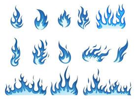 Satz blaue Flammenvektorillustrationselement, Hintergrund, Rahmen, Effekte, Plan. Vektor eps 10. Karikatur von Flammen.