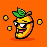söt smiley funky mangomaskot med solglasögon och löv i orange