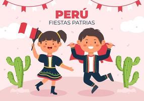 felices fiestas patrias oder peruanische unabhängigkeitstag-karikaturillustration mit flagge und netten leuten für nationalfeiertags-peru-feier am 28. juli im flachen hintergrund vektor