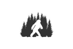 tall vintergrön barrträd ceder lärk cypress granar skog med bigfoot monster silhuett logotyp design vektor