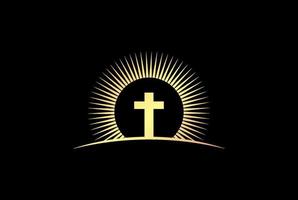 goldener sonne sonnenuntergang sonnenaufgang mit jesus christlichem kreuz für kirchenkapellenlogo-designvektor vektor