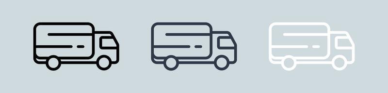 LKW-Liniensymbol für Transport-, Handels-Apps und Websites in den Farben Schwarz, Grau und Weiß. Liefersymbole gesetzt.