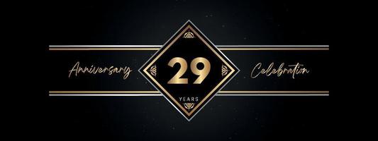 29 Jahre Jubiläum goldene Farbe mit Zierrahmen isoliert auf schwarzem Hintergrund für Jubiläumsfeier, Geburtstagsfeier, Broschüre, Grußkarte. Vorlagendesign zum 29-jährigen Jubiläum vektor