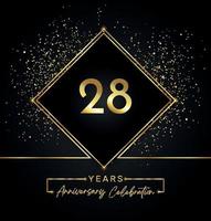 28 Jahre Jubiläumsfeier mit goldenem Rahmen und Goldglitter auf schwarzem Hintergrund. vektordesign für grußkarte, geburtstagsfeier, hochzeit, eventparty, einladung. Logo zum 28-jährigen Jubiläum. vektor
