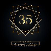 35 Jahre Jubiläumsfeier Design. 35-jähriges Jubiläumslogo mit goldenem Rahmen isoliert auf schwarzem Hintergrund. Vektordesign für Jubiläumsfeier, Geburtstagsfeier, Grußkarte. vektor