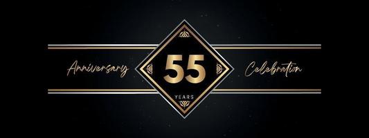 55 Jahre Jubiläum goldene Farbe mit Zierrahmen isoliert auf schwarzem Hintergrund für Jubiläumsfeier, Geburtstagsfeier, Broschüre, Grußkarte. Vorlagendesign zum 55-jährigen Jubiläum vektor