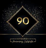 90 Jahre Jubiläumsfeier mit goldenem Rahmen und Goldglitter auf schwarzem Hintergrund. vektordesign für grußkarte, geburtstagsfeier, hochzeit, eventparty, einladung. Logo zum 90-jährigen Jubiläum.