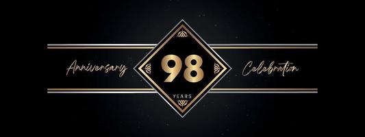 98 Jahre Jubiläum goldene Farbe mit Zierrahmen isoliert auf schwarzem Hintergrund für Jubiläumsfeier, Geburtstagsfeier, Broschüre, Grußkarte. Vorlagendesign zum 98-jährigen Jubiläum vektor