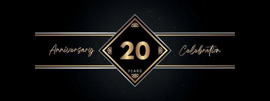 20 Jahre Jubiläum goldene Farbe mit Zierrahmen isoliert auf schwarzem Hintergrund für Jubiläumsfeier, Geburtstagsfeier, Broschüre, Grußkarte. Vorlagendesign zum 20-jährigen Jubiläum vektor