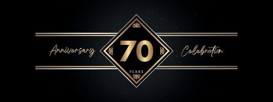 70 Jahre Jubiläum goldene Farbe mit Zierrahmen isoliert auf schwarzem Hintergrund für Jubiläumsfeier, Geburtstagsfeier, Broschüre, Grußkarte. Vorlagendesign zum 70-jährigen Jubiläum vektor