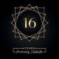 Design för 16-årsjubileum. 16 årsdagen logotyp med gyllene ram isolerad på svart bakgrund. vektordesign för jubileumsfest, födelsedagsfest, gratulationskort. vektor