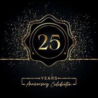 25 Jahre Jubiläumsfeier mit goldenem Sternrahmen isoliert auf schwarzem Hintergrund. vektordesign für grußkarte, geburtstagsfeier, hochzeit, eventparty, einladungskarte. Logo zum 25-jährigen Jubiläum. vektor