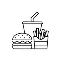Hamburger-Erfrischungsgetränk und Pommes Frites, Fast-Food-Symbolzeichen, Umriss flaches Design auf weißem Hintergrund. vektor