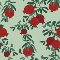Nahtloses Vektormuster. Rote Granatapfelfrucht auf einem Ast mit Blättern. einfache abstrakte Formen, Minimalismus. Obsternte vektor