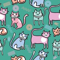 süße chibi tiere kätzchen und katzen nahtloses muster gekritzel für kinder und baby kawaii cartoon premium vektor hintergrund design dekoration kreative illustration für drucke, memphis 80er 90er themen