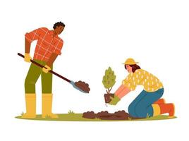 mann und frau, die baum flache vektorillustration lokalisiert auf weiß pflanzen. afroamerikanischer Mann mit Schaufel und Frau, die Baumsämling hält. gemischtrassiges Paar Gartenarbeit. vektor