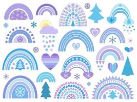 winterregenbogenkollektion im flachen stil. süße illustration in blau zum thema weihnachten, neujahr, gemütlicher winter. Regenbogen, Schneeflocken, Bäume, Herzen vektor